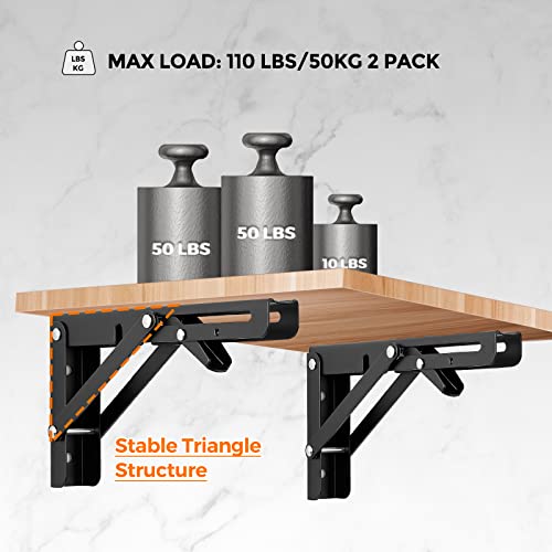 Image of Ravinte 2 Pack 8 Inch Folding Shelf Brackets - Matte Black, Heavy Duty Collapsible Brackets for Tables and Benches - Space-Saving Design