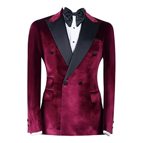 Drkobr Men's Velvet Tuxedo Peak Lapel Double Breasted Buttons Suit for Dinner,Prom,Wedding Burgundy Cover