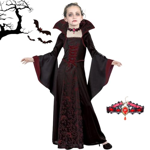 Disfraces Vampiros Niña,Vestido de Vampiro con Collar,Disfraz Vampiresa Gotica para niñas,Disfraz de Bruja Reina Vampiresa,Disfraz Vampira Niña para Halloween,Cosplay, Fiestas de Disfraces (1.3m)