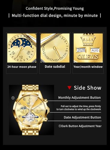 Image of OLEVS Automatic Men Watch Self Winding Mechanical Moon Phase Business Luxury Diamond Dress Stainless Steel Waterproof Luminous Mens Wrist Watch