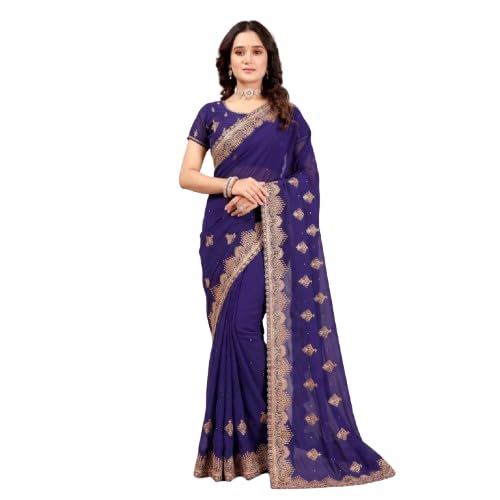 Women Georgette fabric Embroidered work 5.5 meter saree with unstitched matching blouse piece for women-image-22
