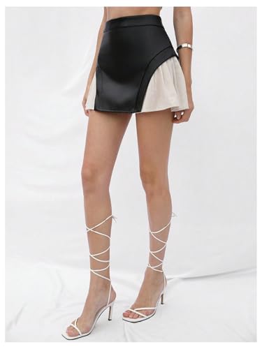 Floerns Women's Going Out A Line Skirt Leather Patchwork Pleated Hem Party Mini Skirts4