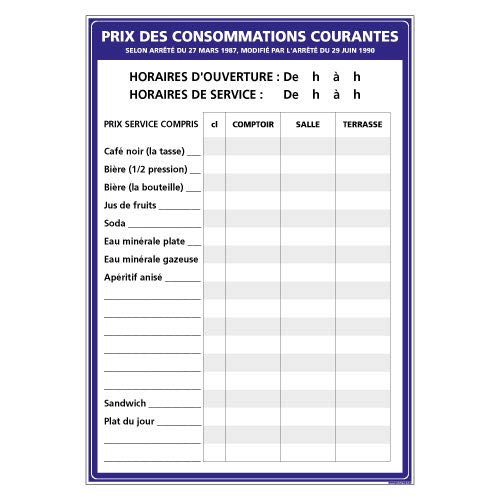 Signalétique.biz France - Adhésif - Affichage Prix des Consommations Courantes - Dimensions 300x210 mm - Protection Anti-UV