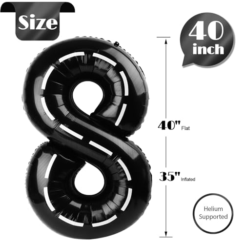 Image of Race Car 8 Balloon, Number Balloons 40 Inch, 8th Black Birthday Decorations, Racing Party Decorations Birthday Balloons, Number 8 Balloon