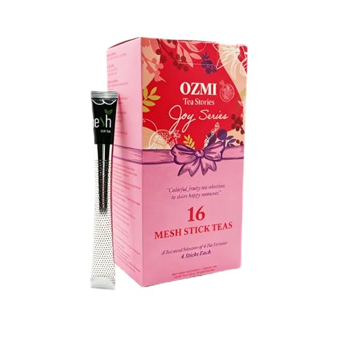 Image of OZMI Premium Caffeine Free Fruit & Herbal Tea Sampler Gift Set, 16 Mesh Stick Teas, 4 Flavors, Rosehip, Wild Berry, Rooibos Vanilla & Pomegranate, No Teapot Required