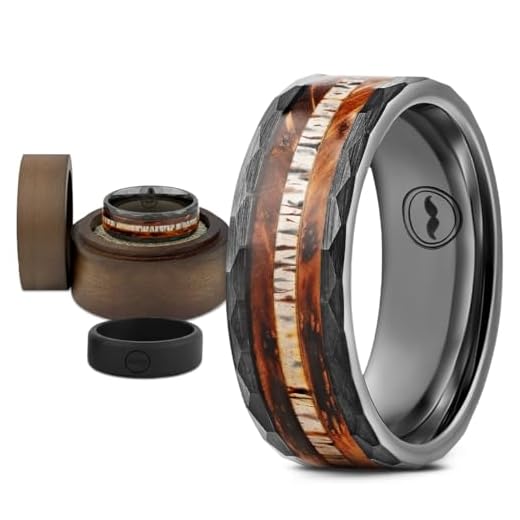 Men's Tungsten Carbide Wedding Band - Premium Grade Black Hammered Ring (Whiskey Barrel Wood & Deer Antler Inlay) - Includes Silicon Band, Leather Drawstring Pouch, & Luxury Walnut Ring Box(Size 10)