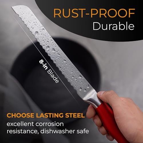 Orblue Brotmesser aus Edelstahl mit Wellenschliff – Ultrascharfes Profi Küchenmesser, Ideal für Brot, Bagels & Kuchen, Rot