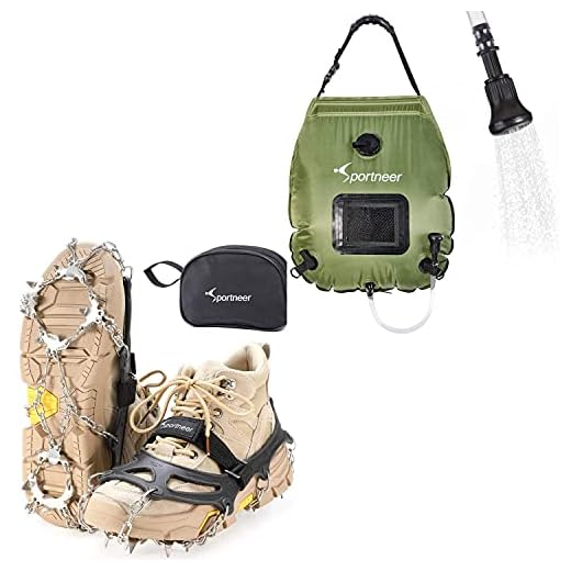 Sportneer Crampons Ice Cleats Traction, 19 Spikes Stainless Steel Anti-Slip Ice Snow Grips for Shoes Boots and Portable Heating Camping Solar Shower Bag