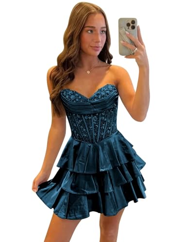 Short Strapless Satin Homecoming Dresses for Teens 2025 Corset Tiered Ruffle Beaded Cocktail Dress