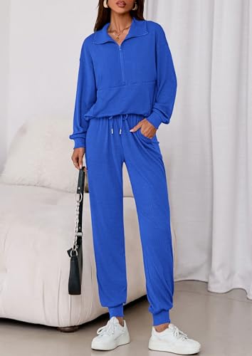 Image of PRETTYGARDEN Women 2 Piece Ribbed Knit Matching Lounge Sets | Comfy Sweat Track Suits, Athleisure Casual Outfit, Half Zip Sweatshirt & Jogger Pants, Fall Winter Clothes for Airport Travel