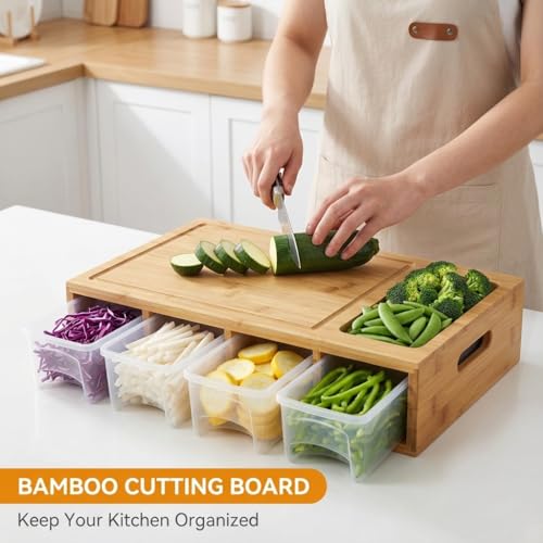 Tabla de cortar de bambú con 4 recipientes, tabla grande con ranuras para jugo, asas de fácil agarre y abertura para deslizar alimentos miniatura 4