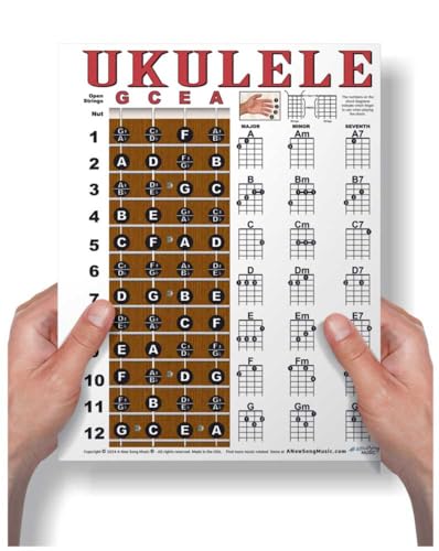 A New Song Music Laminated Ukulele Fretboard & Chord Chart for Soprano Concert Tenor Uke (gCEA) Easy Instructional Poster for Notebook 8.5' x 11'
