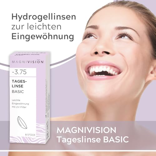 MAGNIVISION Tageslinsen Basic weiche Kontaktlinsen für -2,25 dpt. | 8 Stück | BC 8.6 | DIA 14.2 | Kontaktlinse mit Hydrogel und UV-Filter für ein angenehmes Tragegefühl | ohne Konservierungsstoffe