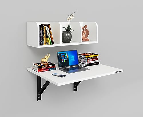 Image of Madhuran Eraadan Engineered Wood Wall Mounted Folding Study Laptop Table with Storage Shelves Shelf Racks (White) Living Room Office Workstation Multipurpose Furniture Accessories
