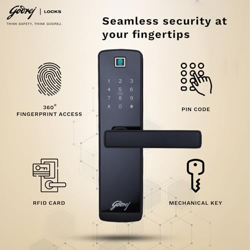 Image of Godrej Smart Lock I Catus Touch Plus I Digital Lock for Wooden Door I 4in1 Access I Fingerprint | RFID I PIN Access I Mechanical Key I 3 Dead Bolts I Black I 3 Yr Warranty