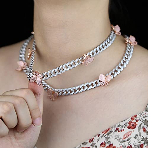 Hip Hop Pendant - Iced Out 10Mm Miami Cuban Link Chain Charm Choker Necklace Hip Hop Luxury Silver Color Women Jewelry, (Silver Pink, 41Cm) #TOP1