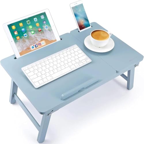 Image of VASIL MART A Versatile Laptop Table or lapdesk with a Spacious Working Area for Home That is Made of Solid Mango Wood and is Adjustable Foldable, with Phone and Tablet Holder (Sky Blue)