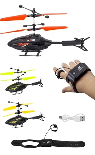 Image of Flying Toy Helicopter with Hand Gravity Sensor Watch | Remote Control RC Helicopter with 3D Lights & Safety Sensor | Rechargeable Aerial Toy for Kids 4+ - Pack of 1 (Color May Vary)