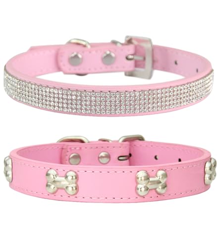 Suiecuor 2 Pezzi Collare per Cani in Pelle Collare Cane con Strass Collare Cani di Piccola Taglia con Decorazione in Osso in Metallo Adatto per Cani e Gatti di Piccola Media Rosa S