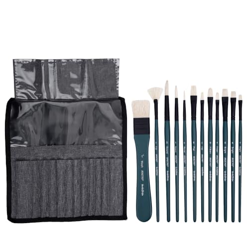 Image of BRUSTRO Artists' VerdeStroke Brush Set of 12 with Free Brush Roll | Natural Hog Bristles, Birchwood Handles| Ideal for Acrylic, Oil Painting & Charcoal Blending, Fine Art Students, Professionals
