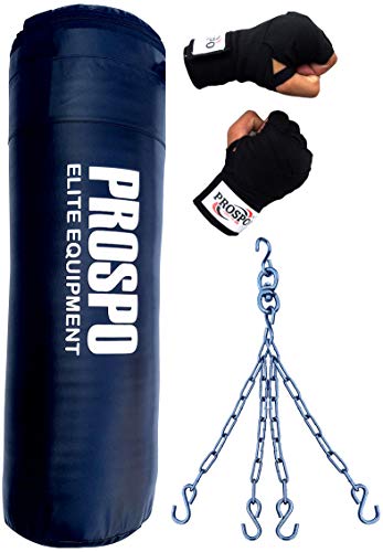 Prospo Punching Bag, Boxing Bag, Rough Srf Punching Bag (36inch) Unfilled with Super Strong Hanging Chain and Handwrap (108), Boxing Kit for unisex, Heavy Punching Bag , Boxing Bag , MMA Punching Bag, with Chain, 3 Ft Unfilled Extra Strong bag, with chain and Handwrap (108) Black