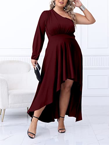Women's Plus Size One Shoulder Asymmetrical Dress Sexy High Low Maxi Dress Evening Gown Burgundy Xxl #TOP2