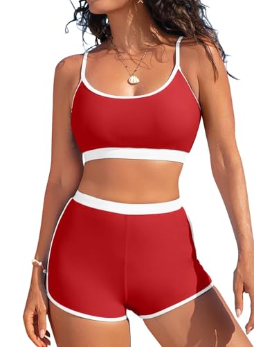 Herseas Modest Swimsuits for Women Shorts High Rise Bikini Sets Fashion Full Coverage Bathing Suit Colorblock Summer Beach Vacation Clothes Teens Girls Red Medium