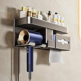 Voldra Hair Dryer Holder Wall Mounted, Self-Adhesive Blow Dryer Organizer with Shelf Hair Brush Holder Wall Mount with Plug&Cord Organizer for Bathroom 1 Pack(Matte Gray)