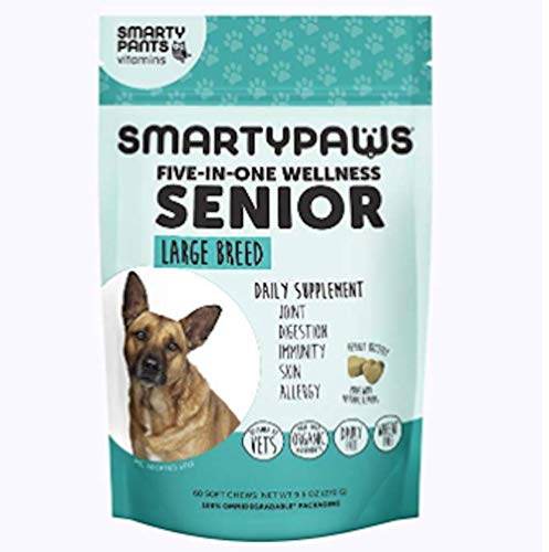 Smartypaws Dog Supplements- Glucosamine & Chondroitin + MSM For Joint Support, Fish Oil Omega 3 (Epa & Dha), Probiotics, Organic Turmeric: Senior Large Breed - By Smartypants Vitamins - 60 Ct