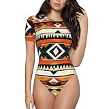 WOEZKEX Women's Bodysuits abstract geometric Ethnic tribal style (1) Sexy One Piece Short Sleeve Tops Bodysuits
