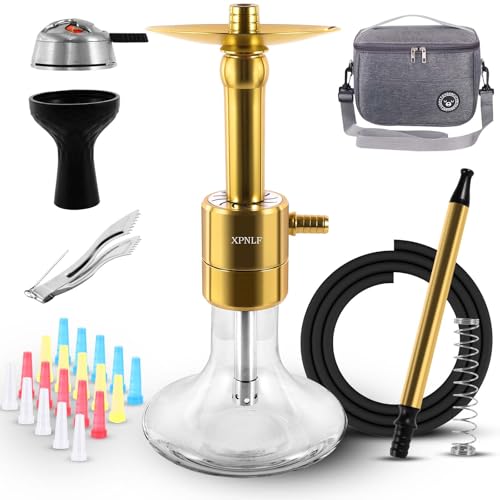 XPNLF Shisha Komplett set mit 1 Schläuchen,15.5“ Klein Shisha Kit mit Dreiblättriger Shisha Kopf,Shisha bowl aus Silikon mit sieben Löchern, Schöne Glasvase,Carbon Clip,20 Shisha Tips (Gold)., 19.99 €