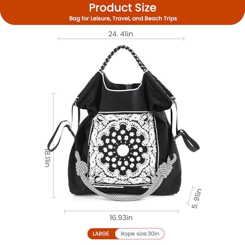 Image of Ball&Chain Summer Embroidery Beach Tote Bag - Stylish, Spacious, and Perfect for Women,Mom, Friends Great Gift. (Black, Large)