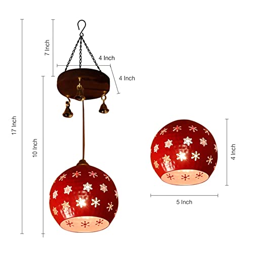 Image of AAKRITI ART CREATIONS Snowflake Glow Red Handcrafted Metal Pendant Lamp with Mango Wood Rosette for Living Room Ceiling | Pendant Lamp for Living Room | Hanging Lamps for Home Decoration | Ceiling