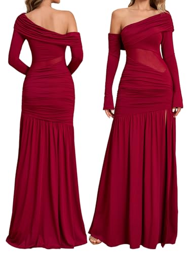 Women One Shoulder High Slit Maxi Dress Ruched Bodycon Cutout Long Sleeve Formal Wedding Guest Dresses