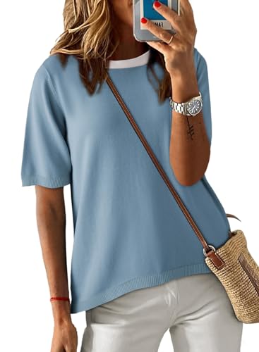 Image of Dokotoo Womens Tops 2026 Casual Summer Crewneck Short Sleeve Striped Color Block Knit High Low Trendy Pullover Sweaters