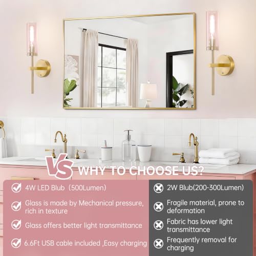 Image of Shenmoyl Battery Operated Wall Sconces Set of 2, Gold Rechargeable Wall Lighting Fixtures, Dimmable Wall Lights with Remote & Pink Glass Shade for Living Room, Bathroom,Bedroom