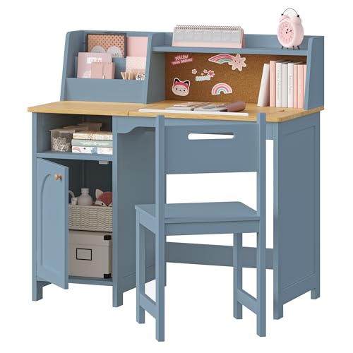 Image of Treocho Kids Study Desk and Chair Set, Kids Desk with Hutch and Tiltable Desktop for 3-8 Years Old, Wooden Children Study Table with Storage Cabinet, Student Writing Desks Bedroom, Home School, Blue
