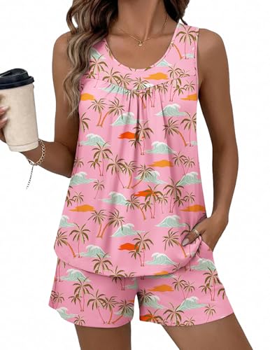 Image of Ekouaer Womens Sleeveless Pajama Sets Summer Tank Tops Pjs 2 Piece Lounge Set Comfy Shorts Sleepwear with Pockets