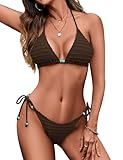 Zeregos Women Two Piece Bikini Set Halter Triangle Swimsuit Cheeky String Bathing Suits Coffee M