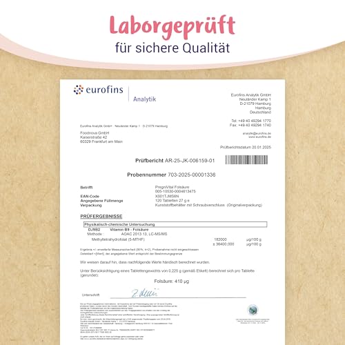Folsäure 400µg - L-5-MTHF Folsäure Kinderwunsch und Schwangerschaft* - hochdosiert, optimal bioverfügbar - 120 Tabletten - von PregniVITAL®