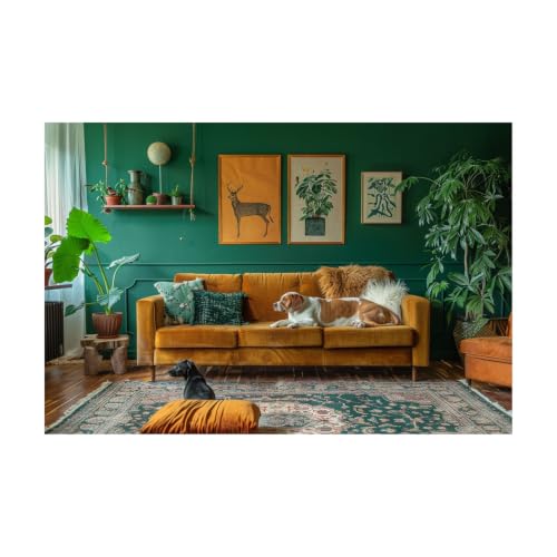 Póster de dos perros con estampa botánica vintage verde para dar un toque boho al salón