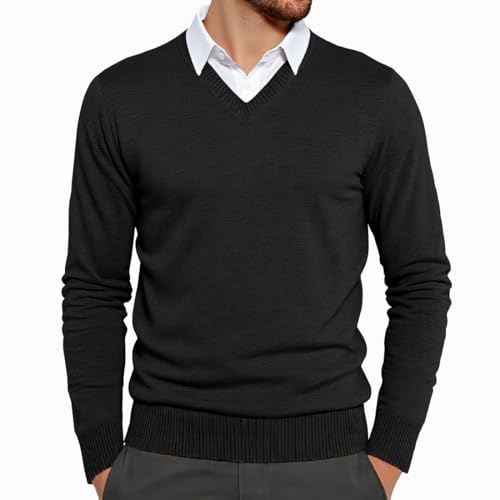 Herren Pullover V Ausschnitt Sweater Winter Pulli Langarmshirt Mit Mock Shirt Kragen Feinstrick Winterpullover 2 In 1 Leichter Freizeit Feinstrickpullover-Schwarz-S