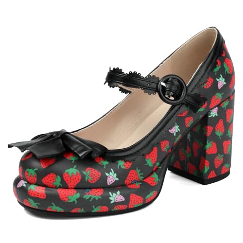 Parisuit Womens Strawberry Platform Mary Jane Bow Shoes Chunky High Heels Ankle Strap Pumps Rockabilly Dress Shoes
