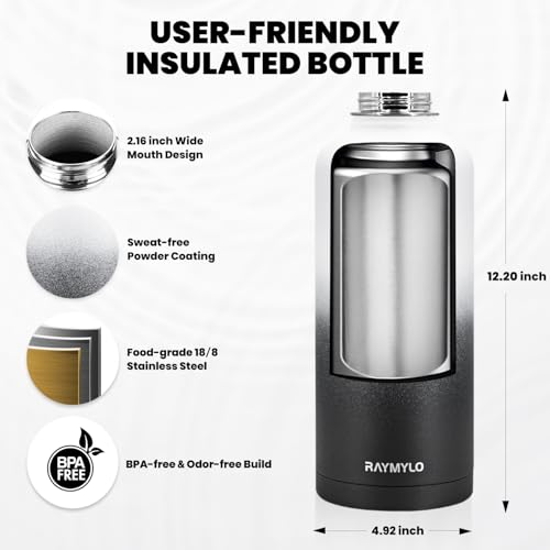 Image of RAYMYLO Insulated Water Bottle 87 oz, Triple Wall Vacuum Stainless Steel (Cold for 48 Hrs), Leak Proof & Non-BPA, Modern Water Flask Jug with Paracord Handle & Straw Spout Lids, Ombre: White /Black