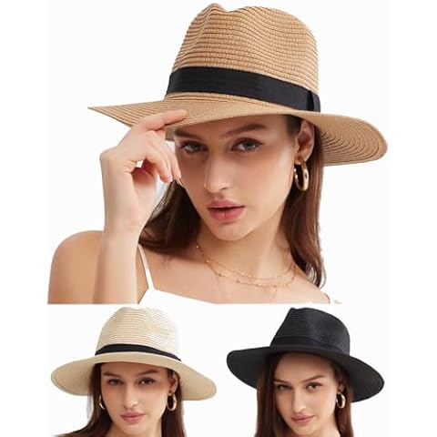 MEINICY 3PCS Womens Wide Brim Beach Hat Roll up Panama Straw Sun Hat Fedora Summer UV Protection Floppy Hat (Black+Brown+Beige) Cover