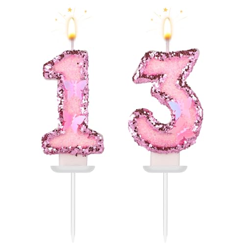 Girls Birthday Number 13 Candles, 2.95in Glitter Butterfly Happy Birthday Cake Toppers Pink Sequins Wedding Numeral Cupcake Decorations for Anniversary Celebration Party Supplies (13th)