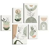 6 Sets of Boho Sauge Vert Géométrique Tableau Decoration Murale Encadre, Minimaliste Plantes Feuille Impression Sur Toile Fille Visage Silhouette Affiche Tableau Peinture Déco Mural pour Salon Chambre