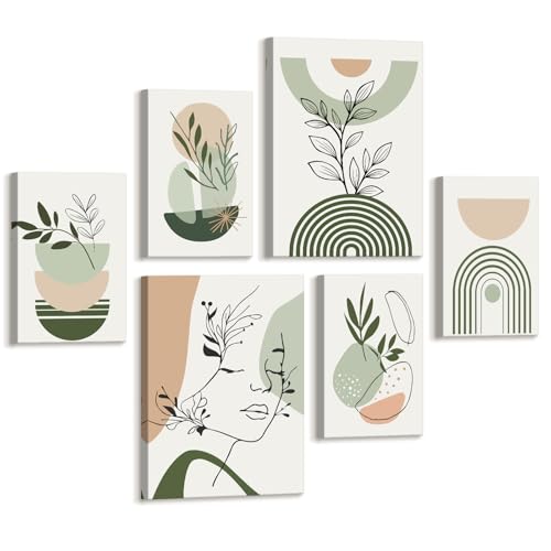 6 Sets of Boho Sauge Vert Géométrique Tableau Decoration Murale Encadre, Minimaliste Plantes Feuille Impression Sur Toile Fille Visage Silhouette Affiche...