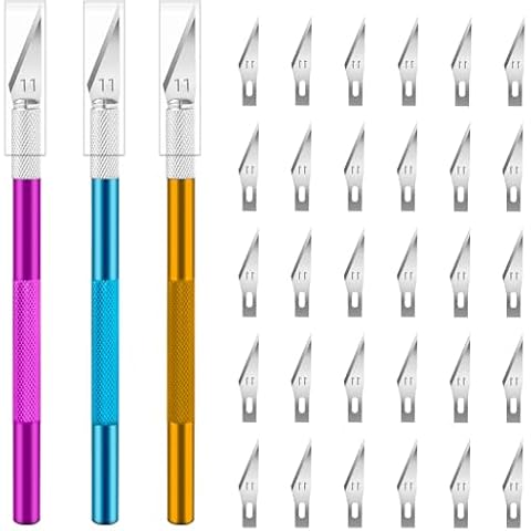 JETMORE Exacto Knife Set, 3 Exacto Knives with 30#11 Extra Exacto Knife Blades, Craft Knife, Hobby Knife, Precision Knife, Exacto Knife Set for Crafts, Arts, Modeling, Scrapbooking (Purple-Gold-Blue) Cover