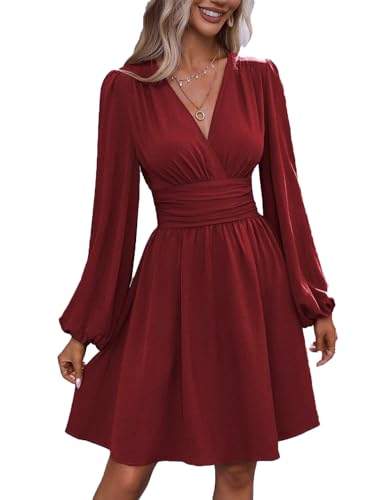 UUAISSO Robe Décontractée Femmes à Manches Longues Taille Haute Ligne A Robe Portefeuille à Col en V Robe Mi Longue Rouge vin L